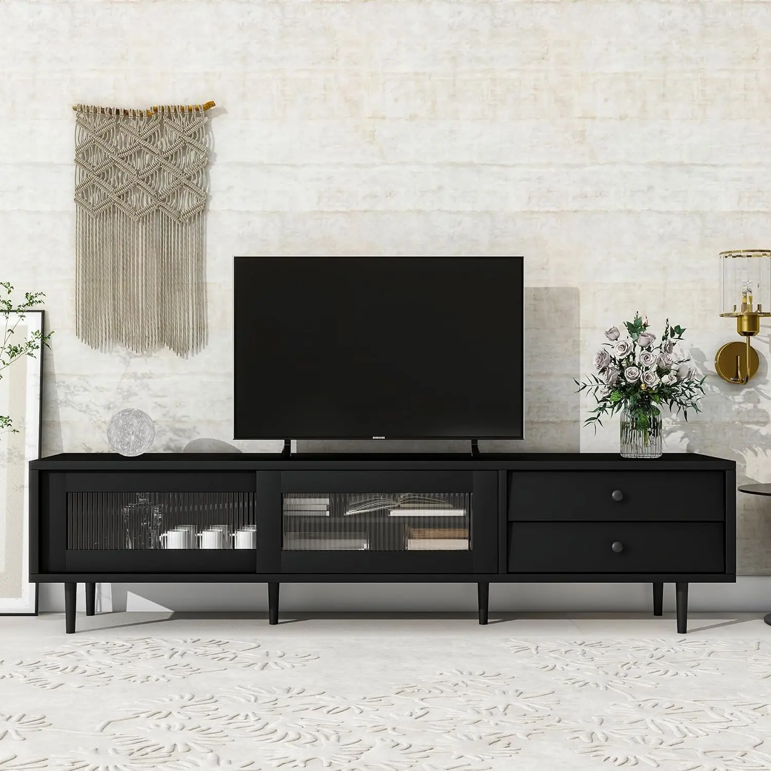 

TV Stand, 71 Inch Media Console with Sliding Fluted Glass Doors, Slanted Drawers for TVs Up to 75 Inch, Modern Elegant TV