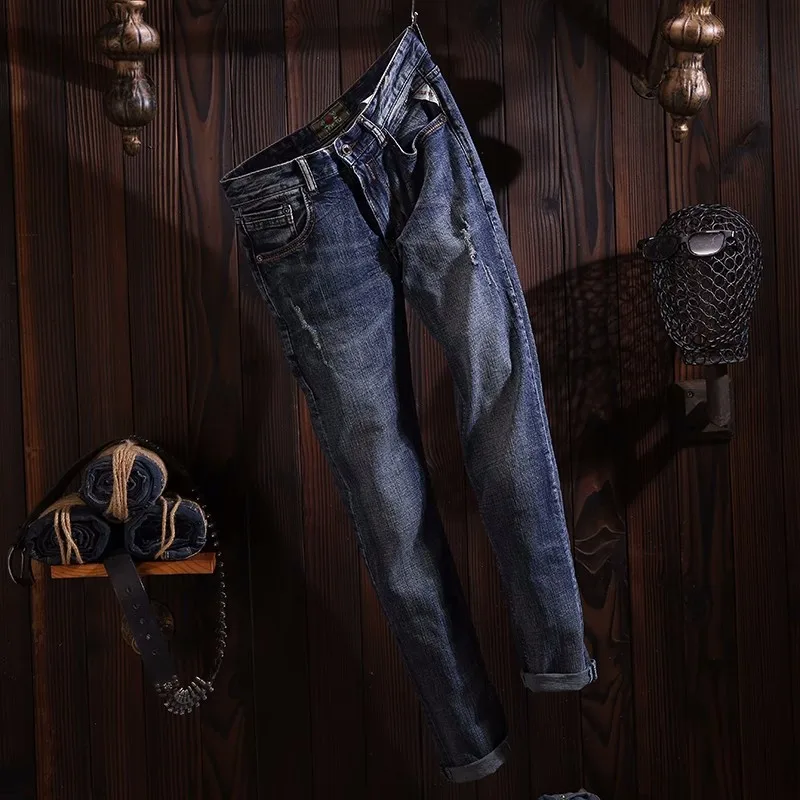 Italian Style Fashion Men Jeans High Quality Retro Blue Slim Fit Ripped Jeans Men Trousers Vintage Designer Denim Pants Hombre
