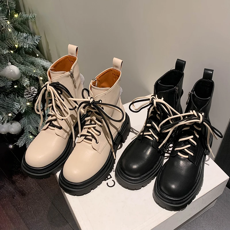 

2023 new autumn winter women ankle boots natural leather 22-25cm cowhide+pigskin modern boots lace up side zip platform boots