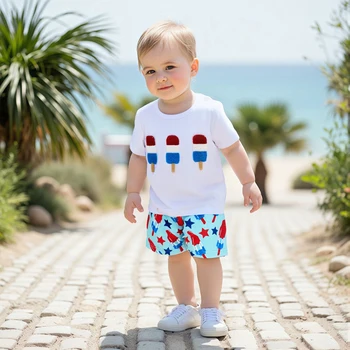 Toddler Boy 4th of July Clothing Set Short Sleeve American Flag Print T Shirt Denim Shorts Independence Day Outfit for Kids 2