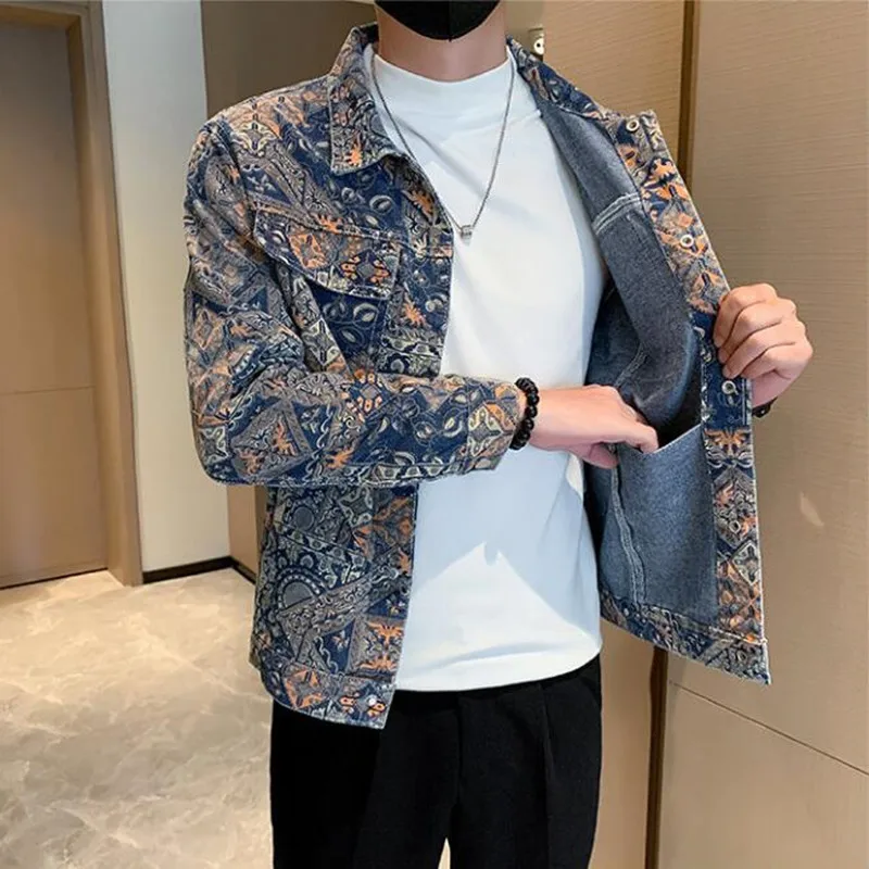 2025 New Male Casual Floral Denim Jacket Slim Fit Tops