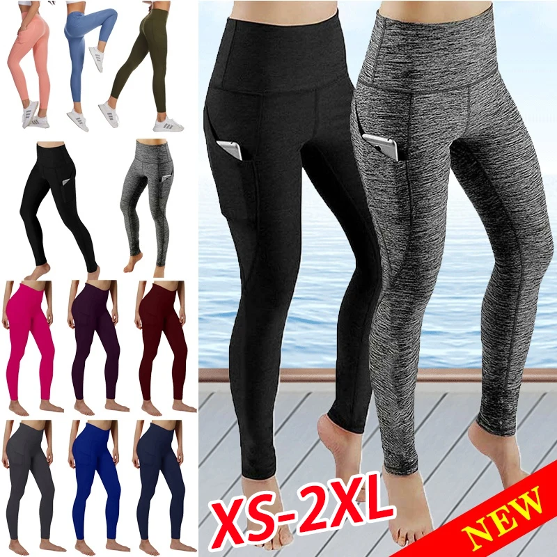 Women's Solid Color Sportswear Tights Side Pockets Yoga Pants High Waist Stretch Fitness Sports Running Fitness Tights