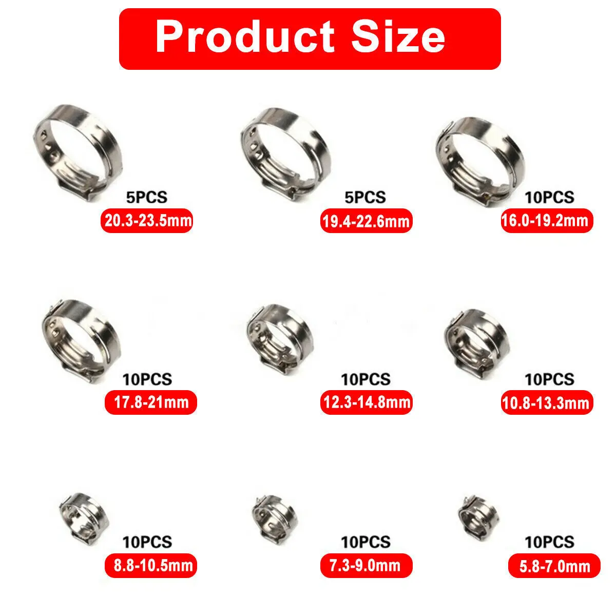 80 Stück 304 Edelstahl Einohrschlauch Stufenlose Klemme Verschiedene Kits 5,8–23,5 mm Schneckenantrieb Kraftstoff-Wasserschlauch-Rohrschellen Clips – Detail 2