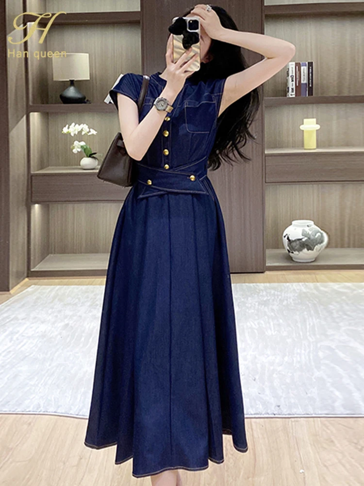 green emerald velvet dress Dplay Fall Autumn Vintage French Square Neck Puff Sleeve Denim Dress main image 0
