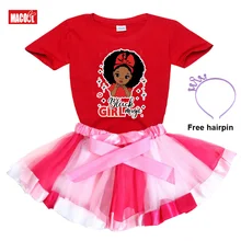 Robe de soirée décontractée pour filles, ensemble pour enfants, tenue africaine bouclée noire, manches courtes, imprimé dessin animé, ensemble T shirt + jupe + épingle à cheveux, 2022