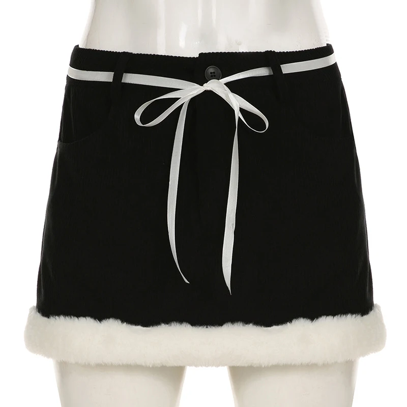 y2k Skirt Women Aesthetic Clothes Contrast Color Tie-up Low Waist Furry Patchwork Short Mini Skirt 2000s Streetwear