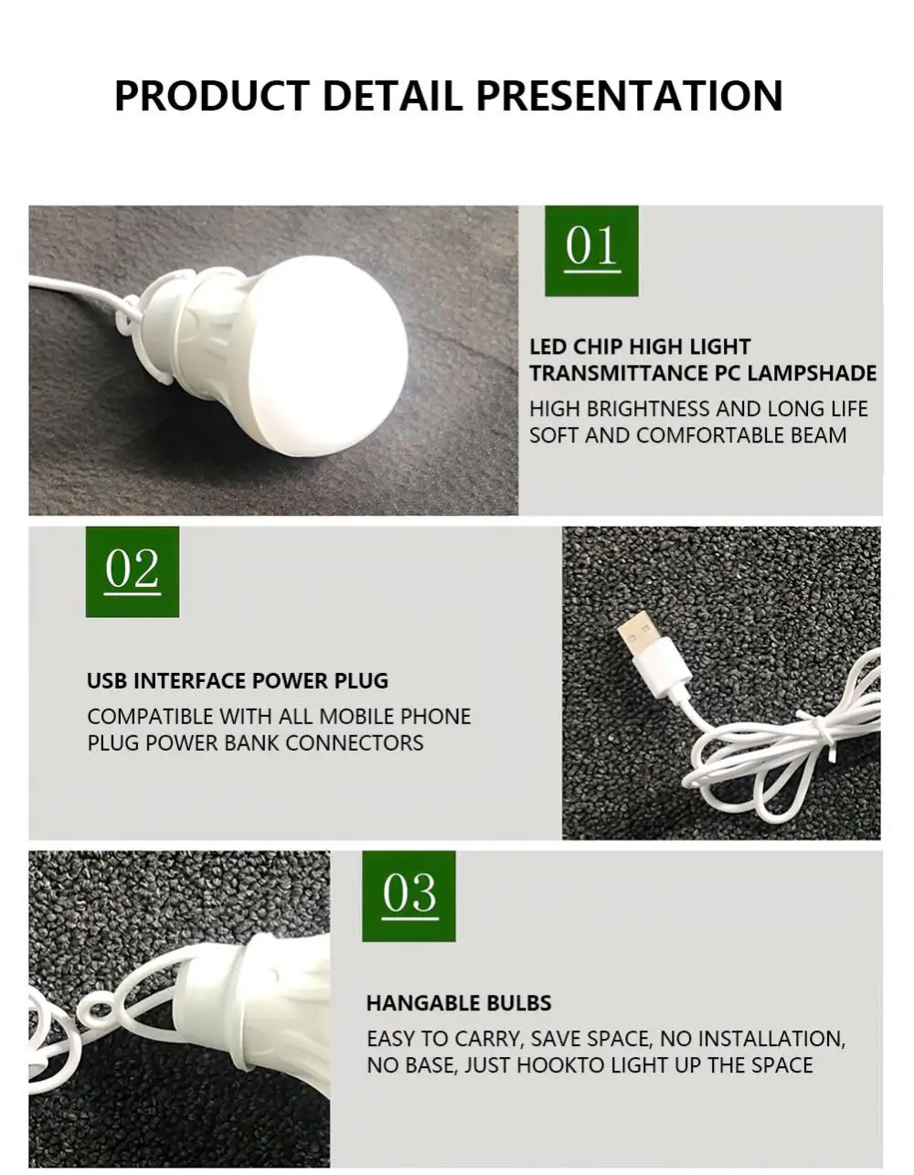 Camping light 5V 3W USB Emergency Bulb Hanging Tent Light Barbecue Fishing Repair Outdoor Portable