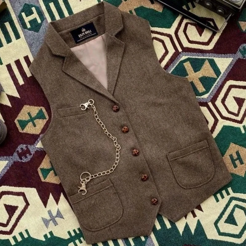 Men Vest Coffee Herringbone With Lapel Formal For Business Wedding Groom Banquet Men Suit Waistcoat 2