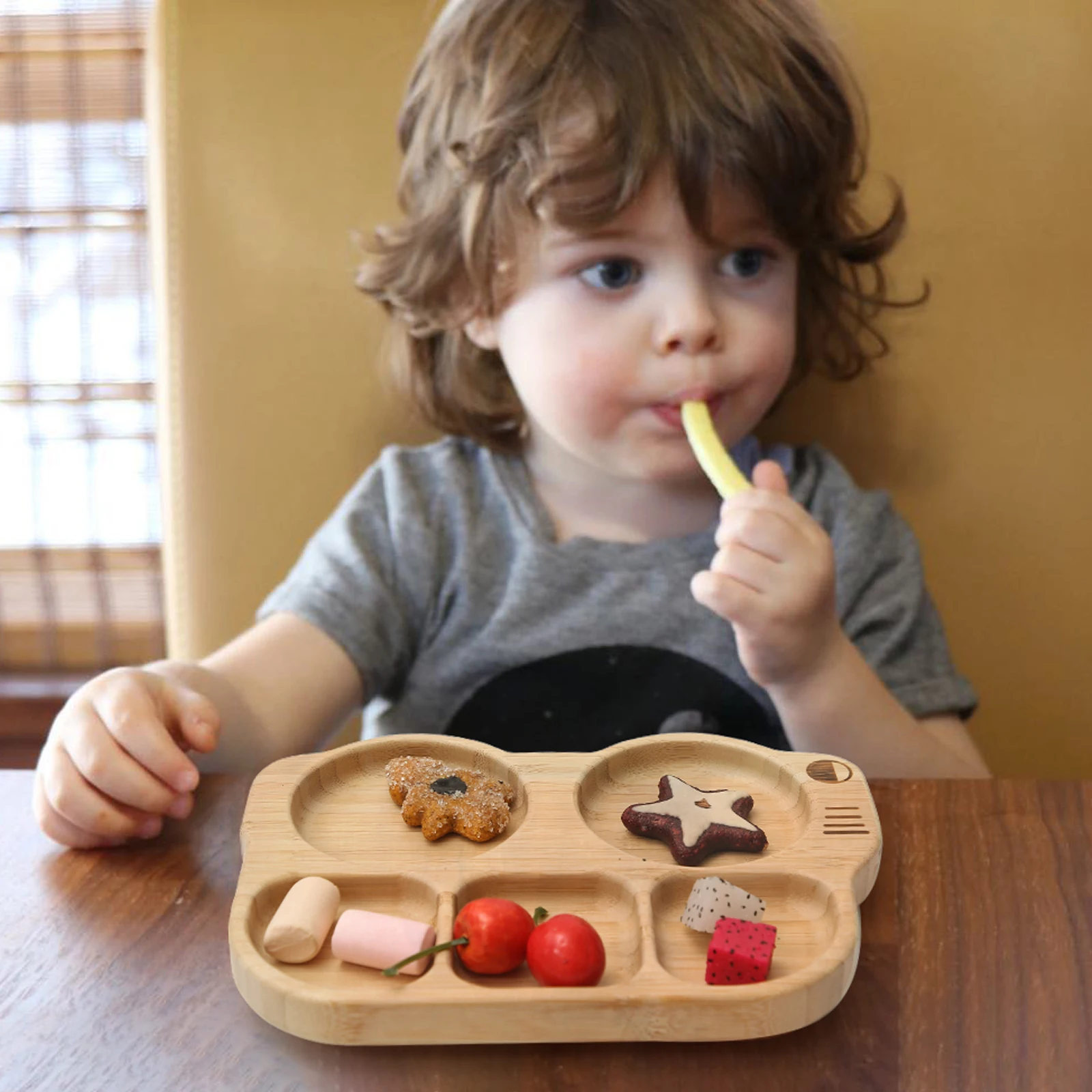 Baby Silicone Sucker Plate Spoon Fork Sets Children Feeding Tableware Set BPA Free Wooden Food Grade Dinner Plate Baby Stuff 6