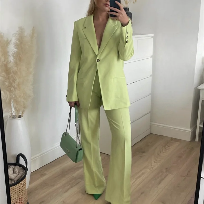 

Woman Elegant Ligh Green Loose Blazer Suit 2022 Spring Chic Female Solid Straight Pants Suit Ladies Oversized Match Sets
