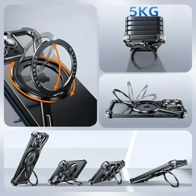 Eary Z Shape Frameless Phone Case for iPhone 17 16 Pro Max 15 14 13 Plus Magsafe Metal Cover Magnetic 360° Rotation Ring Stands