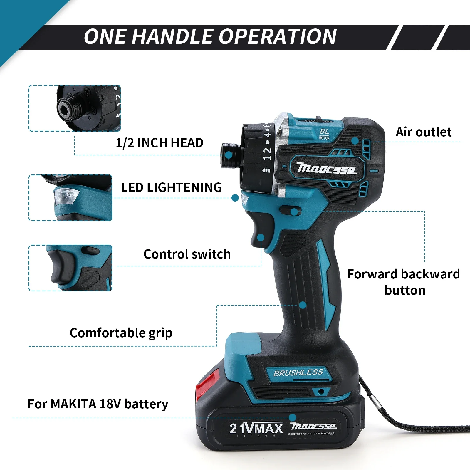 충전식 무선 전기 드릴 스크루 드라이버, Makita 18v 배터리용, 20 + 1 토크, 280N.m