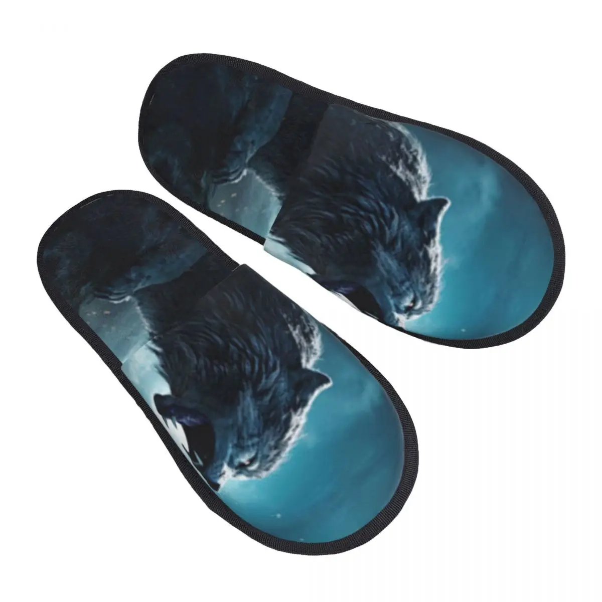 

Winter Warm Women Men Plush Flat Indoor Slippers Werewolf Howling At The Moon Furry Home Non-slip Shoes