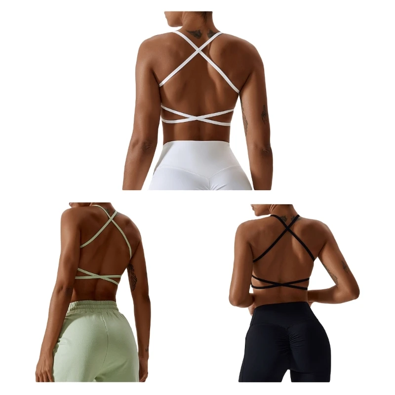 

Women Back Sports Bra with Removable Pads Wireless Strappy Backless Workout Fitness Running Bralette Crop Top