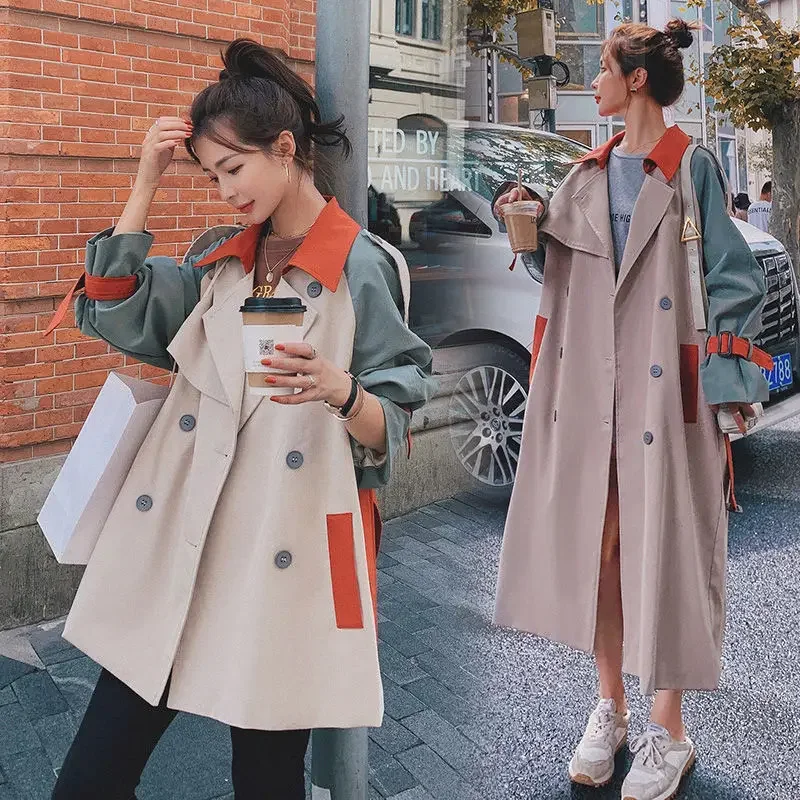 Women Spring Long Contrast Stitched Windbreaker 2024 New Patchwork Trench Windbreaker Casual Lady England Style Jacket Thin Coat