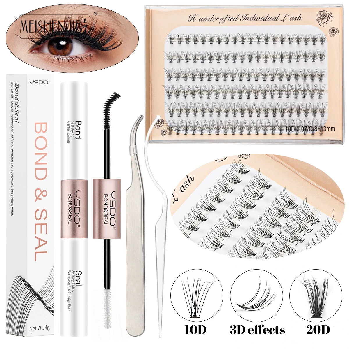 Lash Extension Kit Eyelash Set Fake Eyelashes 120 Bunches DIY Cluster Extension Lashes Individual Lashes with Glue and Tweezer