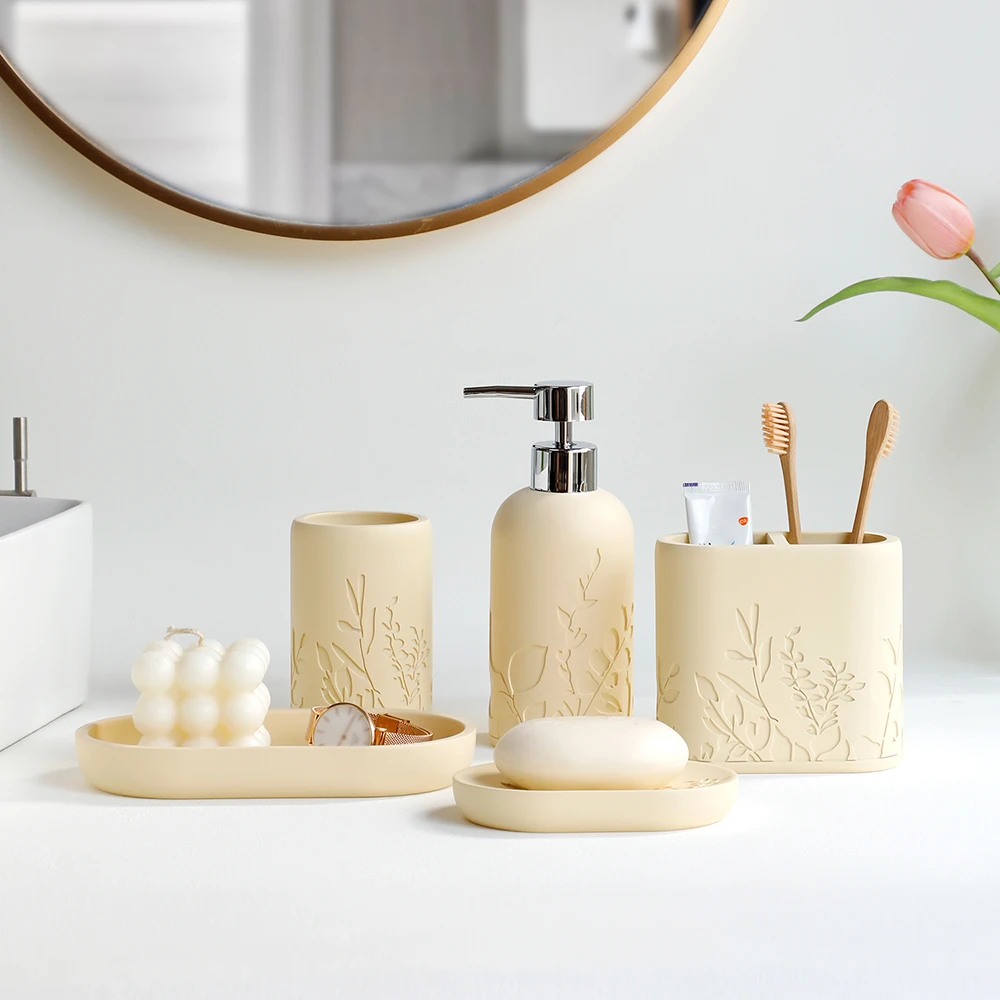 Bathroom 5-piece soap dispenser mouthwash cup toothbrush holder soap tray bottle body carved pattern
