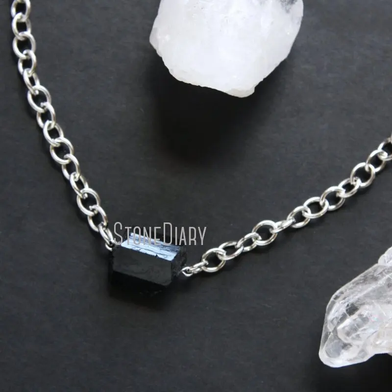 

NM43747 Chunky Black Tourmaline Natural Gemstone Necklace Link Chain Silver Plated Raw Stone Choker