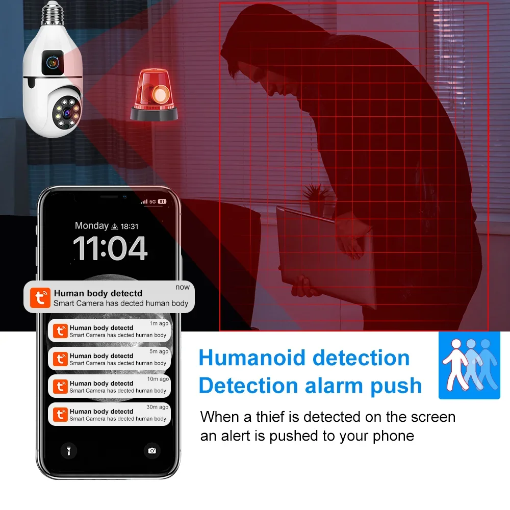 Tuya 6MP E27 Bulb WIFI Camera Dual Lens AI Human Tracking Voice Alarm Two-way Audio Dual Screen Smart Home Surveillance Camera 3