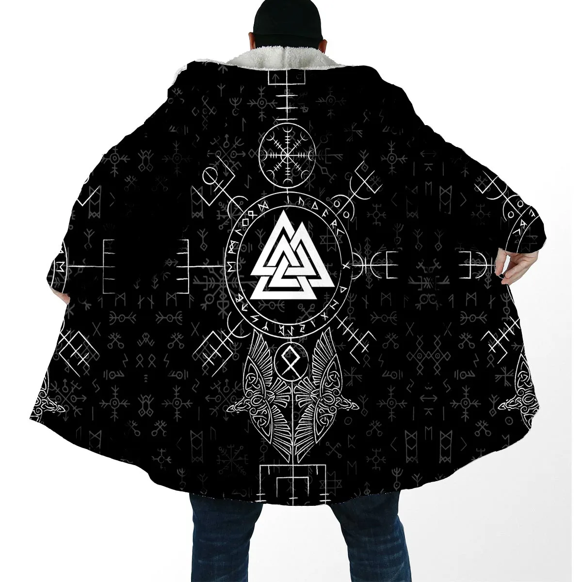 Mens Hooded Cloak Norse Mythology Vegvisir Viking Print Thick Warm Windproof Fleece Cape Robe Hooded Blanket-4