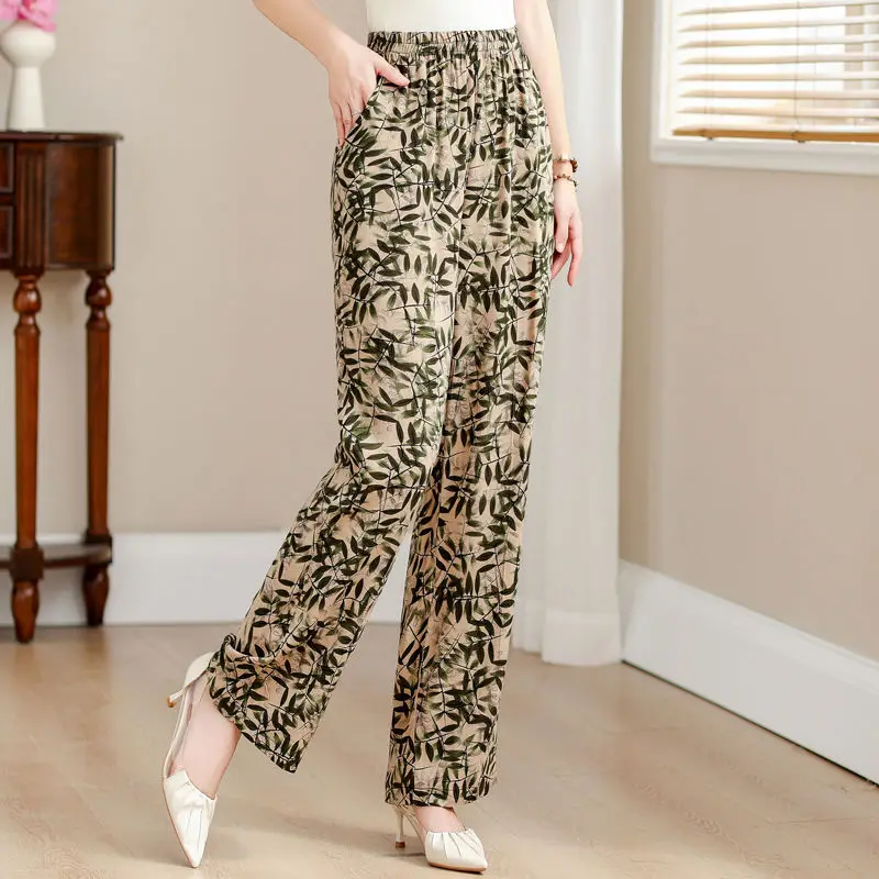 Spring Summer Women's Clothing Elastic High Waisted Pockets Sweatpants Plant&Flowers Printing Trousers Straight Elegant Pants
