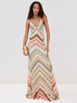 GACVGA Sexy Crochet V Neck Halter Maxi Dress Women New Summer Fashion Sleeveless Backless Slim Knitted Long Dress 1