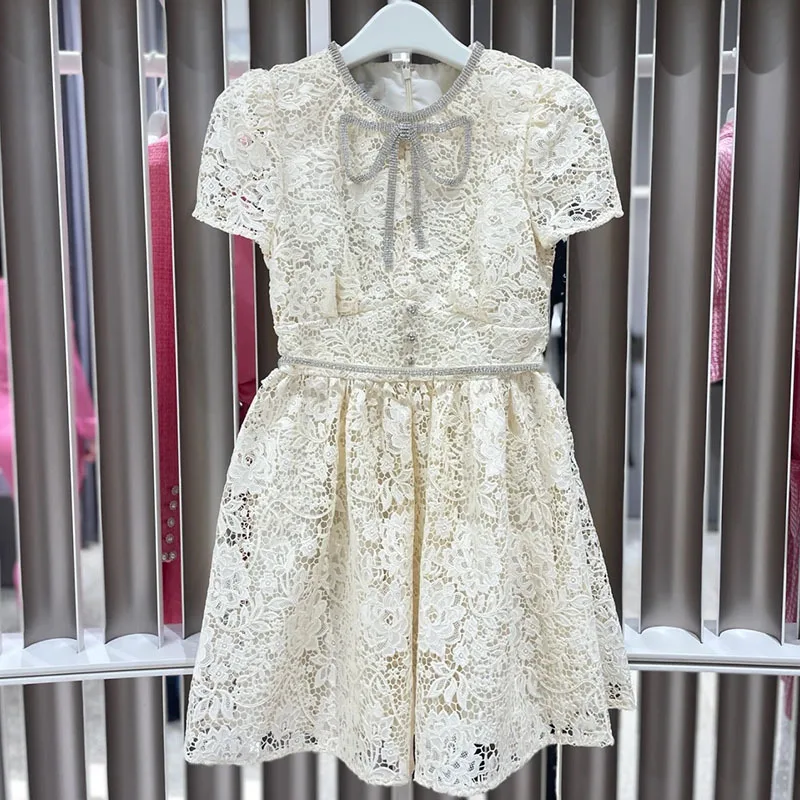 

2024 Women's Clothing Fashion Bowknot Hollow Lace Dress Spring Summer New 0603