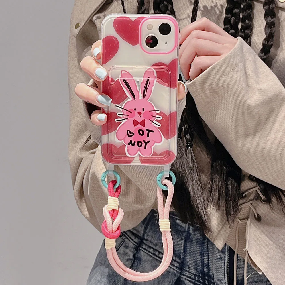 Ins Cute Cartoon Love Heart Rabbit Portafoglio Portatile Custodia Per Telefono Con Cinturino Per Iphone 15 14 13 12 11 Pro Max Bunny Cover