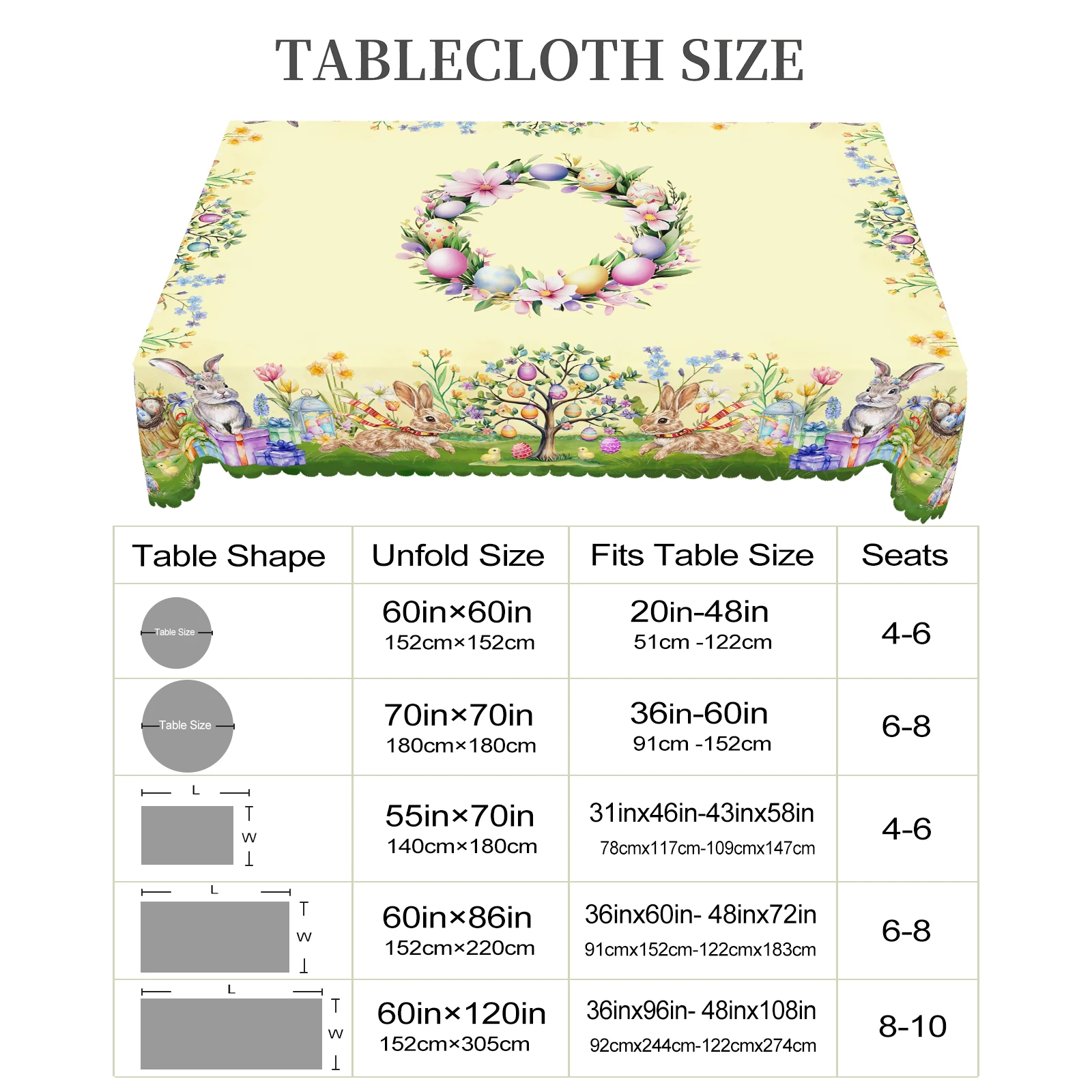 1 Easter Round Tablecloth, 5 Sizes Available, Tulip Easter Bunny Egg Garden Printed Square Tablecloth, Edge Embossing Process, Spring Garden Tablecloth Decoration, Tablecloth for Daily Home Kitchen, Terrace Use, Easter Decoration 6