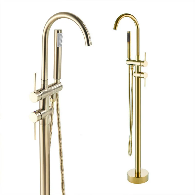 Description Picture 2 of itemBrushed Gold High Rise Round Pipe Bath Mixer Floor Mounted Bathtub Filler Shower Roman Tub Faucet Set  Stand