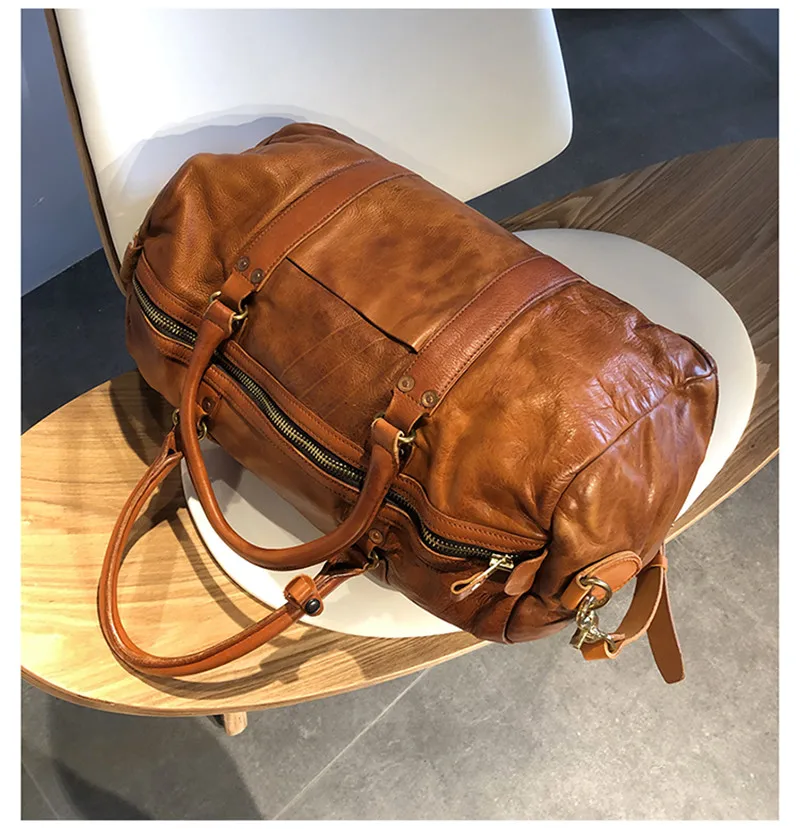 Vintage luxury natural genuine leather men's large-capacity travel bag weekend outdoor soft real cowhide big luggage bag Youth
