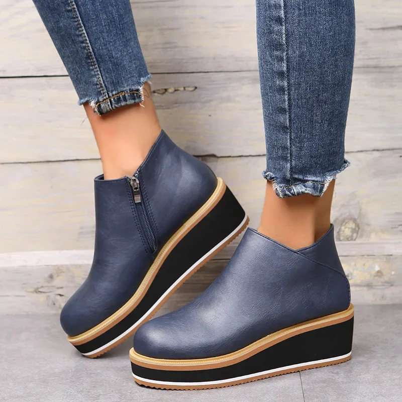 Women's Autumn Boots Round Toe Comfortable Platform Shoes Non-Slip Casual Lady Ankle Boots Side Zip Retro Female Mujer Zapatos