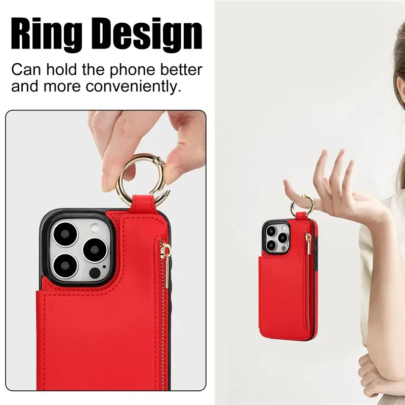 Ring Zip Wallet Card Leather Phone Case with Flip Stand Cover Etui
