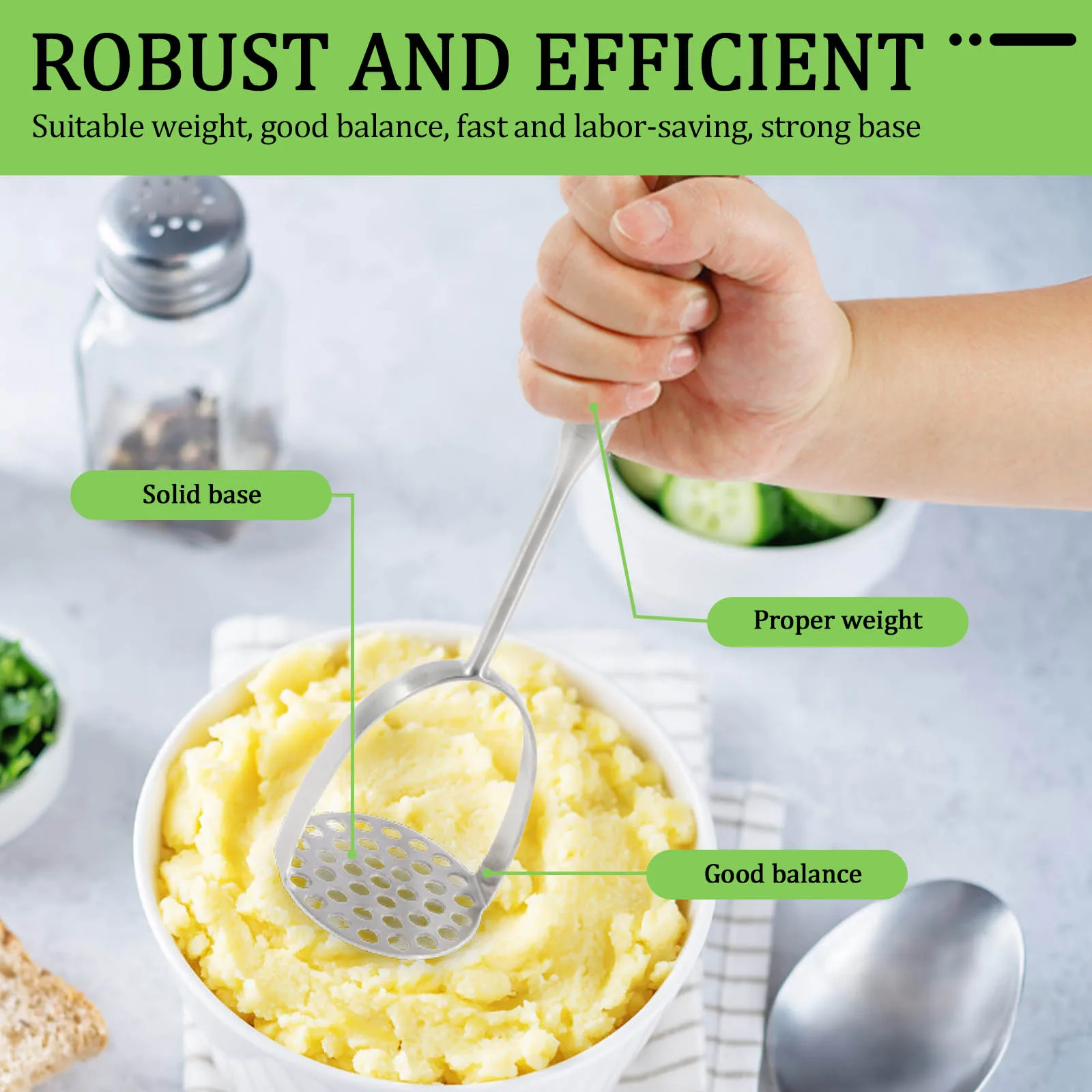 Stainless Steel Mashed Potato Masher Wood Handle Heavy Duty Potato Masher Integrated Kitchen Tool Avocado Beans Potato Masher