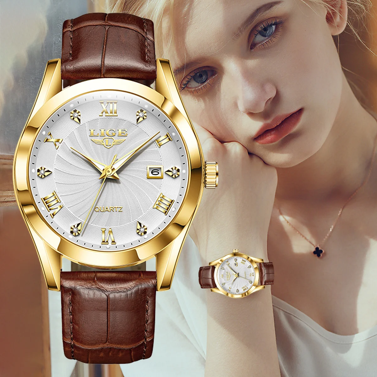 LIGE Luxury Women's Waterproof Leather Strap Fashion Watch
