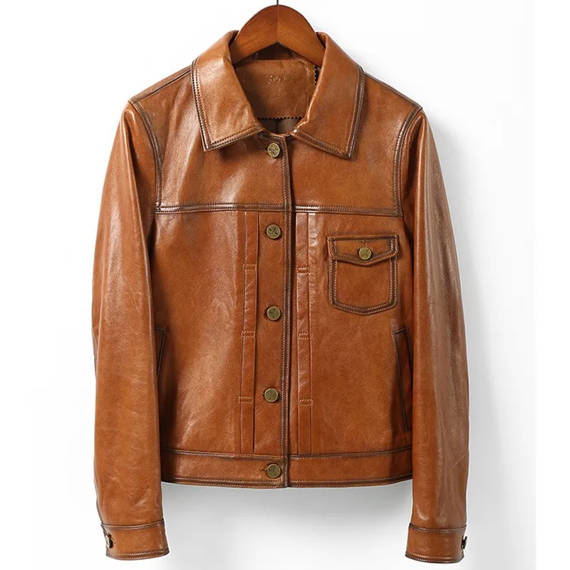 

2023Leather coat,Brand England Style Women Short Sheepskin Jackets Fashion Genuine Leather Autumn Single Breasted Real Leather J