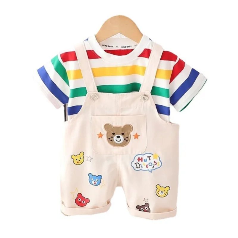 

New Summer Baby Girl Clothes Suit Children Boys Fashion Striped T-Shirt Overalls 2Pcs/Set Toddler Casual Costume Kids Tracksuits