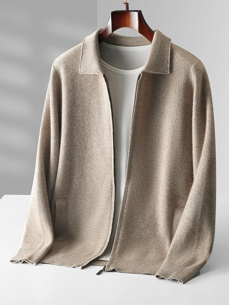 Addonee Men's Zipper Polo Cardigan 100% Merino Wool Sweater High Quality Smart Casual Cashmere Knitwear Spring Autumn Coat Tops
