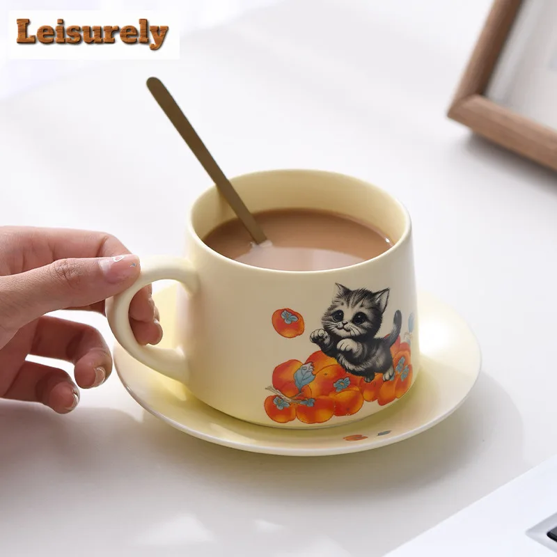 280ML Hand Drawn Persimmon Cat Coffee Mug With Plate Cappuccino Latte Cup Afternoon Tea Mug Household Cup Saucer Kit Tableware