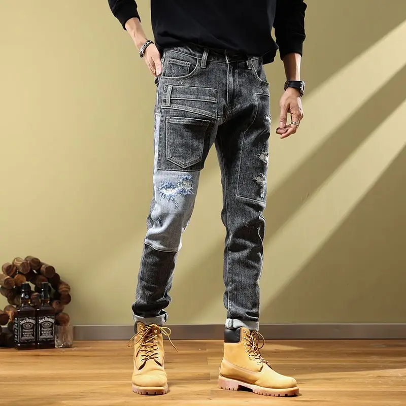 Autumn fashion label fashion patch splicing fashion men's jeans motorcycle retro Korean small leg pants ripped jeans  men jeans