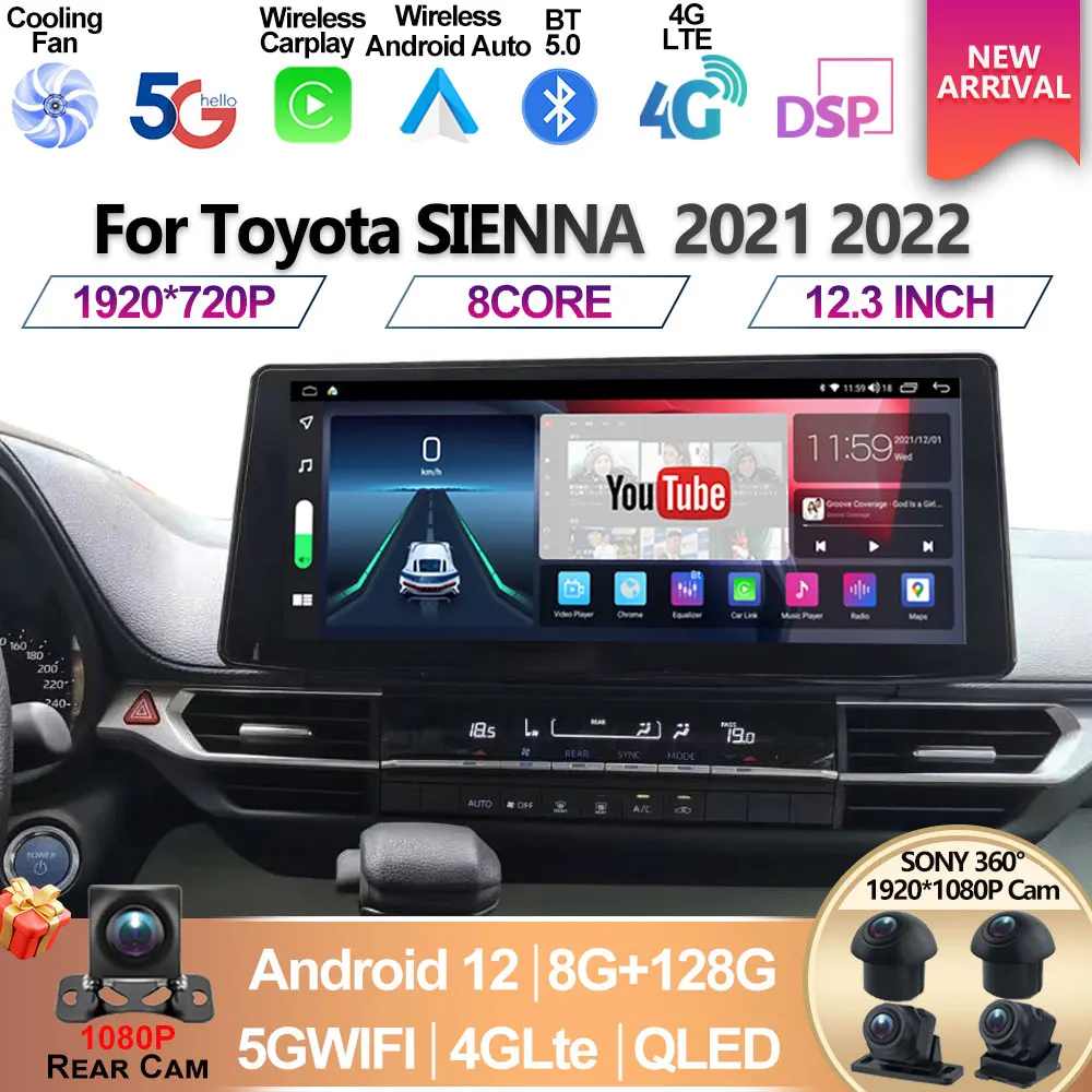 

For Toyota SIENNA 2021 2022 12.3 inch Screen Car Multimedia Video Player GPS Navigation Radio Android 12 8+128G 5G Carplay DSP