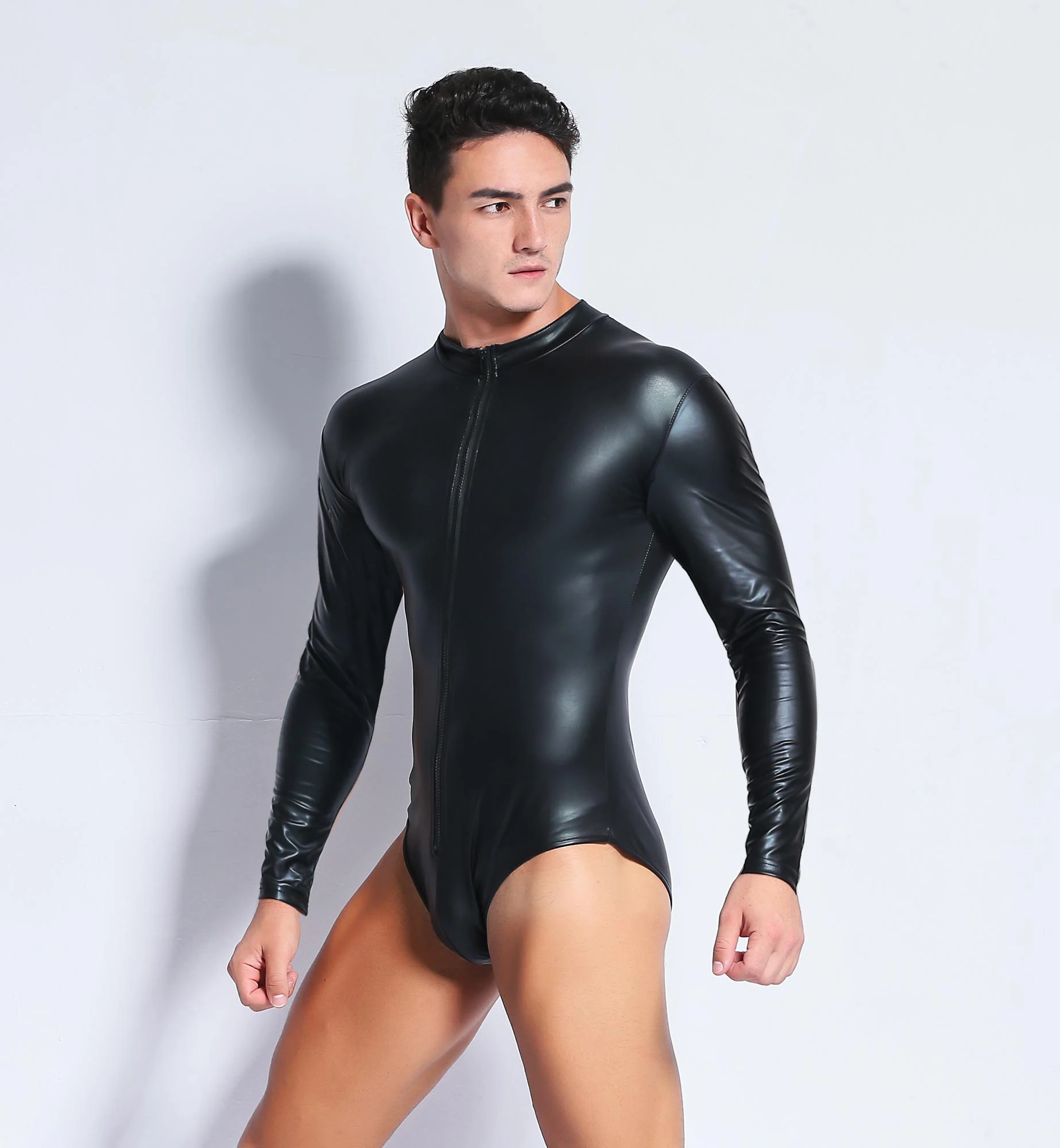 Men's Wetlook Faux Leather One Piece Skin Bodysuit Sexy Open Bust Tights Erotic Catsuit Zentai Male Fetish Costume Clubwear