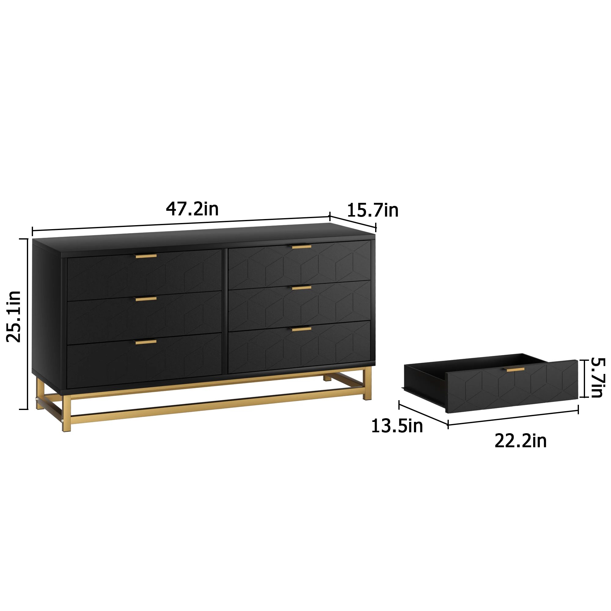 Black 6 Drawer Dresser for Bedroom, Wood Chest of Drawers with Metal Legs, Modern Storage Dresser Chest Cabinet Organizer 5