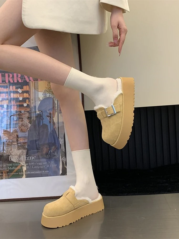 Flats Shoes Fur Women Platform Slippers Winter 2024 New Brand Warm Casual Flip Flops Short Plush English Style Fashion Casual 40