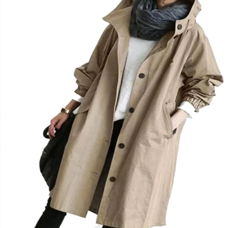 S-5XL Casual Women Long Hoodies Khaki Button Spring Autumn Pockets Coats Chic Ladies Trench Full Sleeve Jackets Thin Outwear Red plus size 5xl zip up hooded women jacket full sleeves pockets hoodies autumn winter casual coat long solid outwear velvet tops