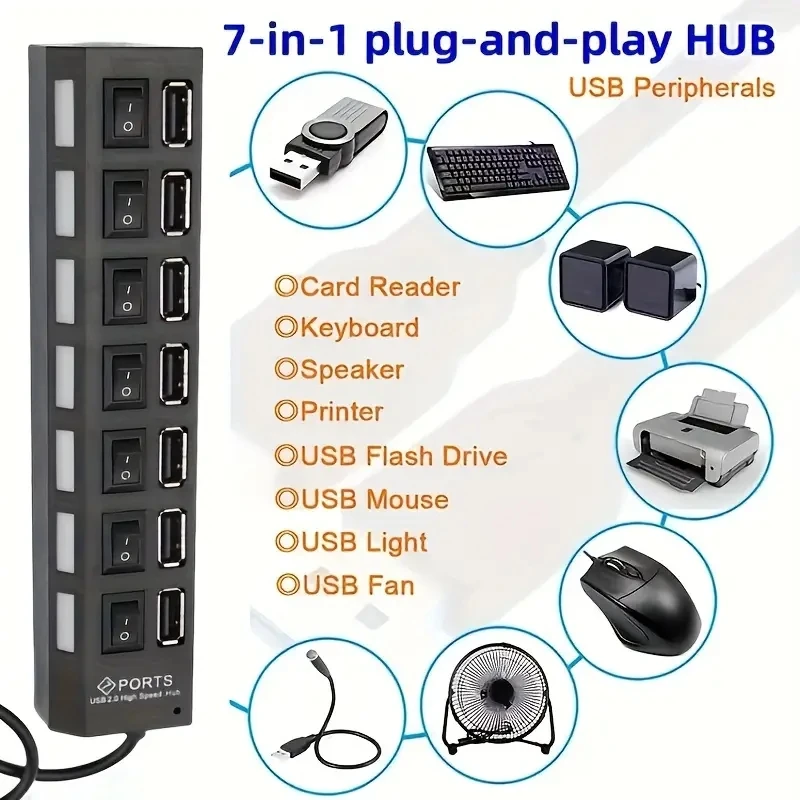 USB 허브 USB 스위치 허브 2.0 어댑터, 고속 멀티 7 포트, USB 온 오프, 컴퓨터 노트북용 휴대용 분배기