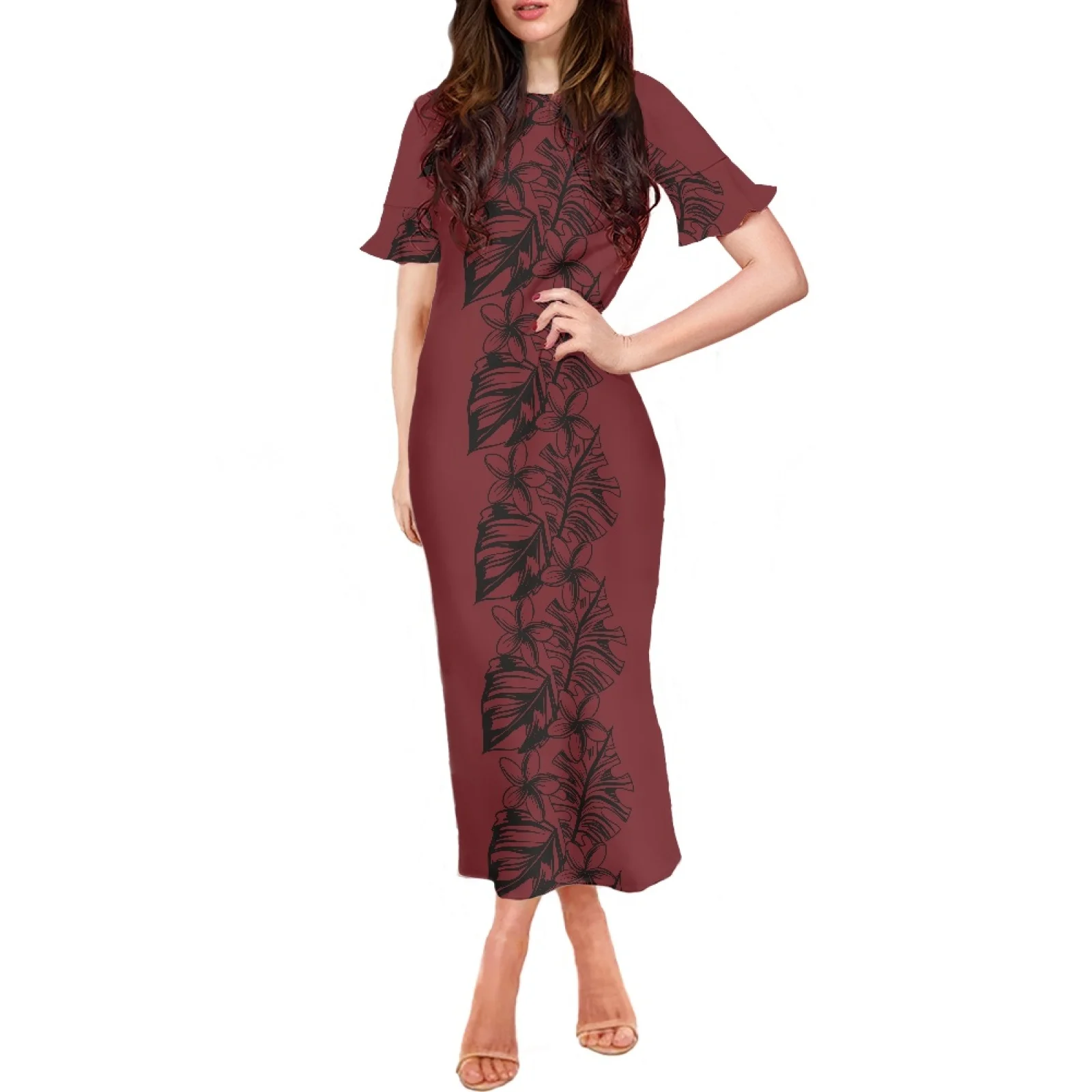 

Fashion Long Dress Fashion Design Sexy Women Hibiscus Flower Maxi Dress Hawaii Polynesian Tribal Print Short Sleeve Clothing