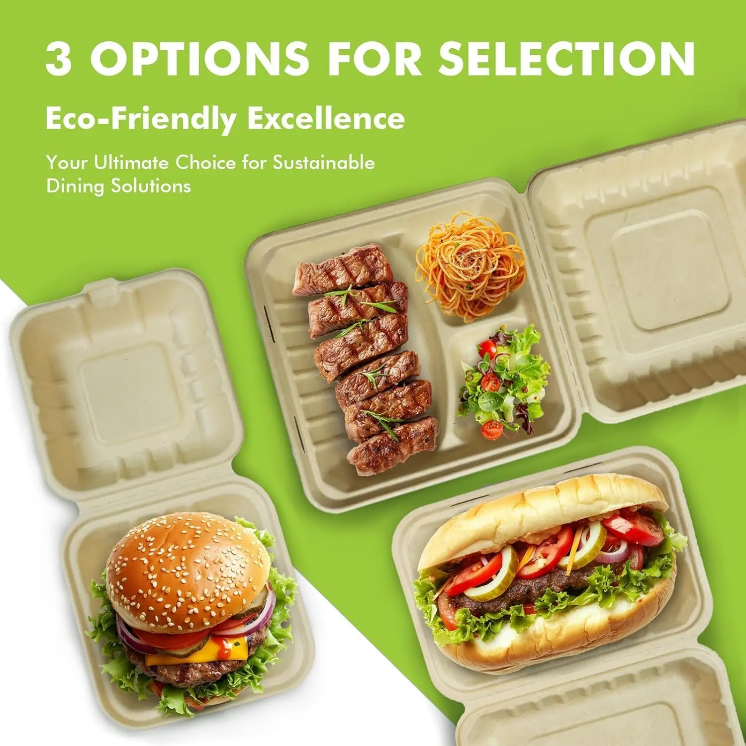 8x8 Compostable Clamshell Food Containers 50 Pack, Bagasse Sugarcane Takeout Boxes, Eco-Friendly Biodegradable