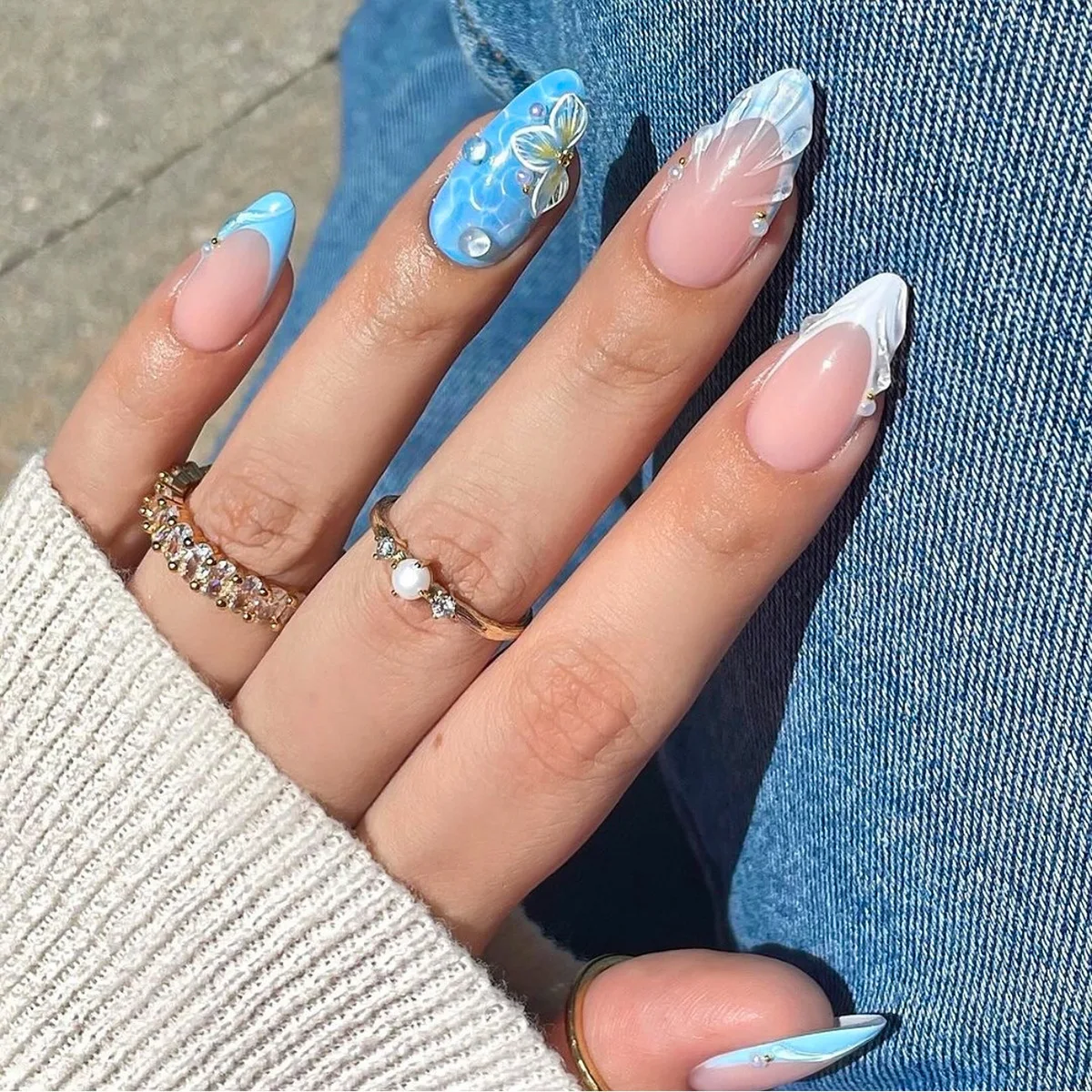 Summer Blossom 3D Pearl Water Ripple False Nails Set