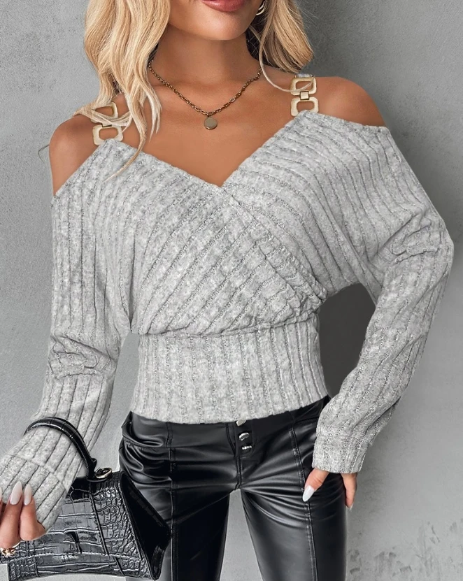 

Fashion Woman Blouse 2023 Winter New Casual Solid V-Neck Sexy Cold Shoulder Chain Decor Ribbon Top Temperament Commuting